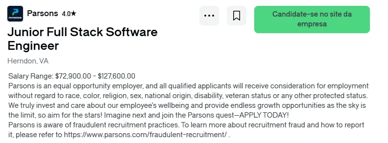 Captura de tela de vaga real para desenvolvedor anunciada no LinkedIn