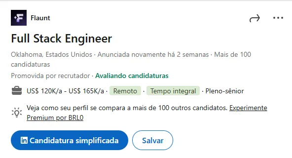 Captura de tela de vaga real para desenvolvedor anunciada no LinkedIn